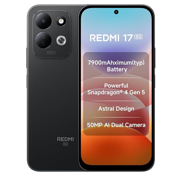 Redmi 17 5G (Absolute Black) | 7900mAh Battery + 45W Fast Charging | 6.9″ 120Hz Adaptive Display | Snapdragon 4 Gen 5 | 50MP Dual AI Camera | Corning® Gorilla® Glass 7i | IP64